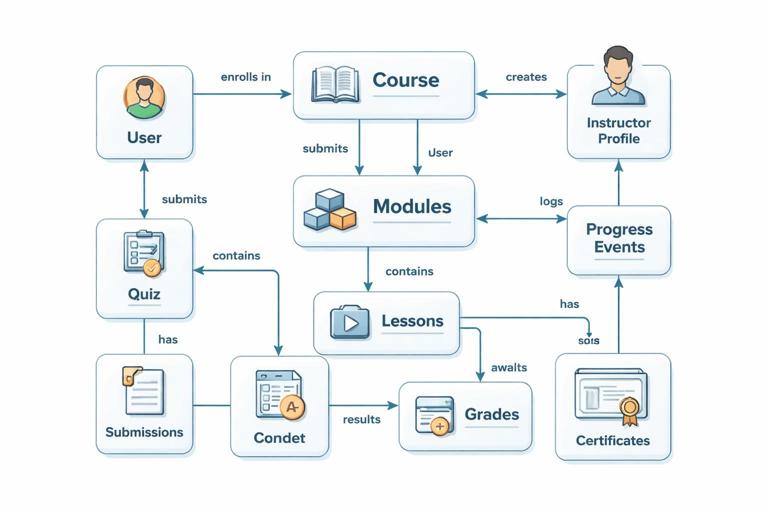 Illustration of a learning platform domain model diagram: user, course, modules, lessons, enrollment, progress events, quiz, submissions, grades, certificates, instructor profile; clean vector infographic, soft colors, labeled boxes and connecting arrows.
