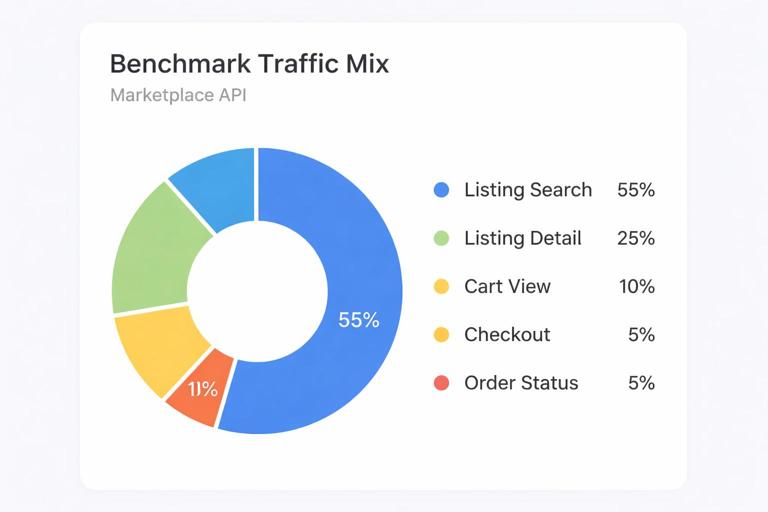 Simple infographic showing a benchmark traffic mix pie chart for a marketplace API: listing search 55%, listing detail 25%, cart view 10%, checkout 5%, order status 5%; clean dashboard style, minimalistic, readable labels.