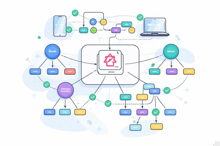 Illustration of a GraphQL schema evolving over time: a central schema diagram with nodes labeled Enum, Interface, Union branching into new types and fields, clients querying safely without breaking changes, clean modern technical style, flat vector, high contrast, no text.