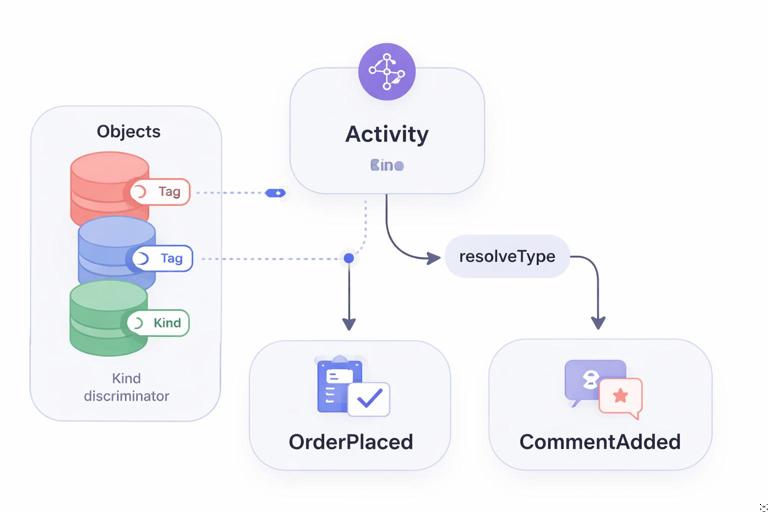 Diagram showing GraphQL interface type resolution: objects with a kind discriminator flowing into an Activity interface, then branching to concrete types OrderPlaced and CommentAdded via resolveType, modern clean technical illustration, flat vector, no text.