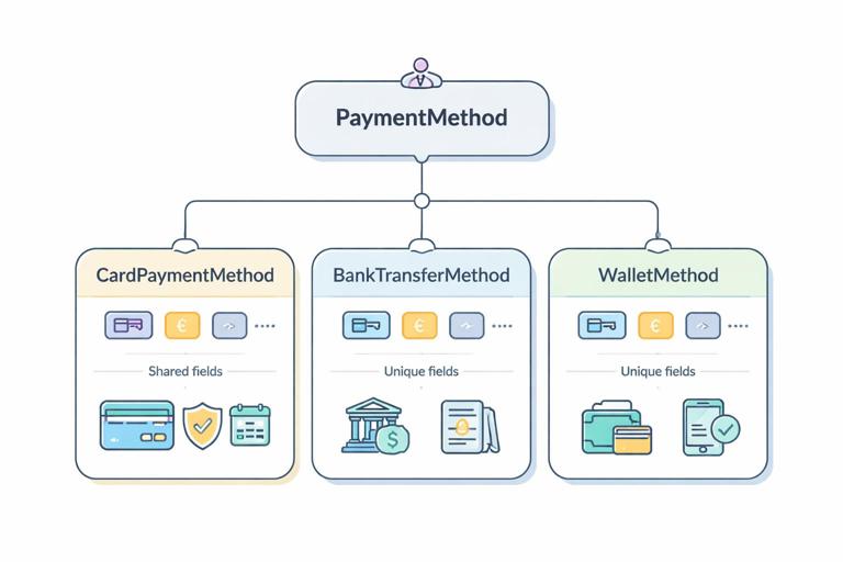 Illustration of payment methods modeled as a GraphQL interface: PaymentMethod interface at center branching to CardPaymentMethod, BankTransferMethod, WalletMethod with shared fields and unique fields, clean technical diagram style, flat vector, no text.