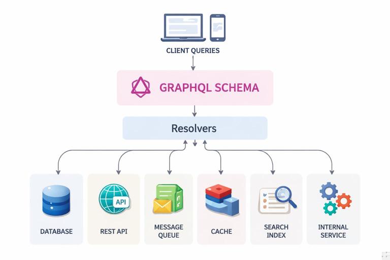 Illustration of a GraphQL schema layer mapped to multiple backend systems: database, REST API, message queue, cache, search index, and internal service library. Show resolvers as a neat mapping/orchestration layer between client queries and backends. Clean technical diagram style, modern flat design, high readability.