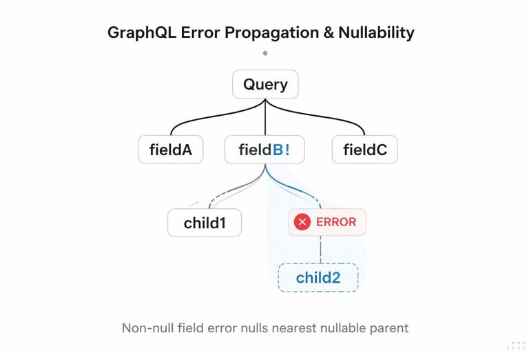 Conceptual diagram showing GraphQL error propagation and nullability: a response tree where a non-null field error nulls the nearest nullable parent, with highlighted branches disappearing. Minimalist technical illustration, clear labels, black and blue palette, white background.