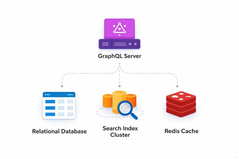 Illustration of a hybrid GraphQL backend architecture: a GraphQL server in the center connected to a relational database (tables), a search index cluster, and a Redis cache; clean modern diagram style, flat design, clear labels, white background, high resolution.
