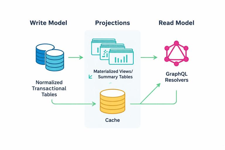 Diagram showing separation of write model and read model for GraphQL: normalized transactional tables feeding materialized views/summary tables and cache, with GraphQL resolvers reading from projections; modern clean infographic style, simple icons, white background.