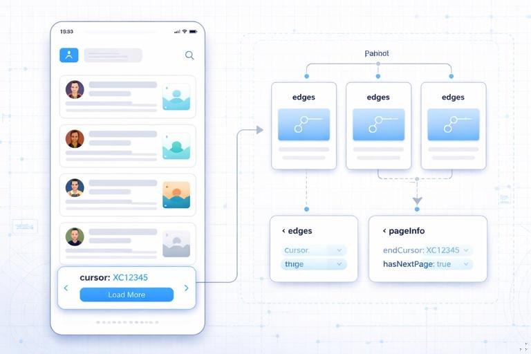 Illustration of a modern app feed using cursor-based pagination: a vertical infinite scroll list with items, a highlighted cursor token anchoring the next page, and a GraphQL connection diagram labeled edges, node, pageInfo. Clean flat UI style, light background, subtle tech blueprint overlay.
