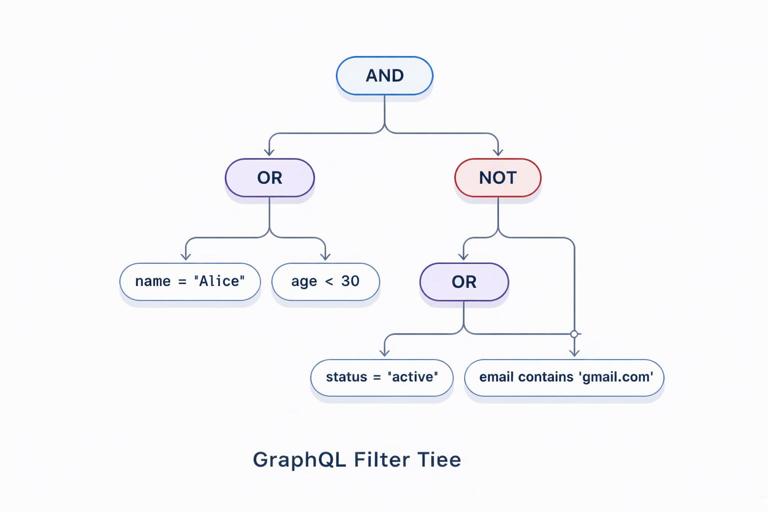 Illustration of a GraphQL filter tree showing AND at the top level with nested OR and NOT groups, rendered as a clean AST diagram with labeled nodes (and, or, not, field comparisons), minimal flat design, dark text on light background, technical documentation style.