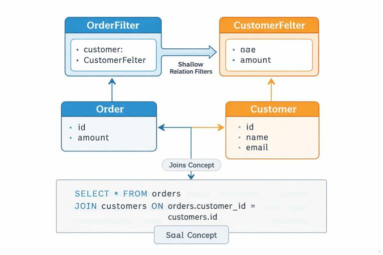 Diagram showing GraphQL relation filtering: OrderFilter referencing CustomerFilter, with arrows to underlying SQL join concept, emphasizing shallow relation filters and guarded complexity; clean vector style, labeled boxes for Order, Customer, filters, and join; documentation illustration.
