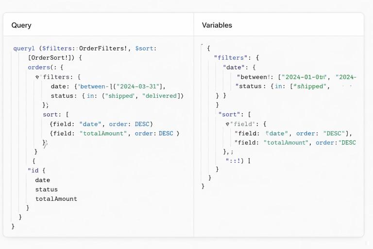 A documentation-style example panel showing a GraphQL query and variables side by side (orders filter with between date range, status in list, and multi-sort with tie-breaker). Clean layout, monospace code blocks, subtle syntax highlighting, minimal UI frame, technical handbook aesthetic.