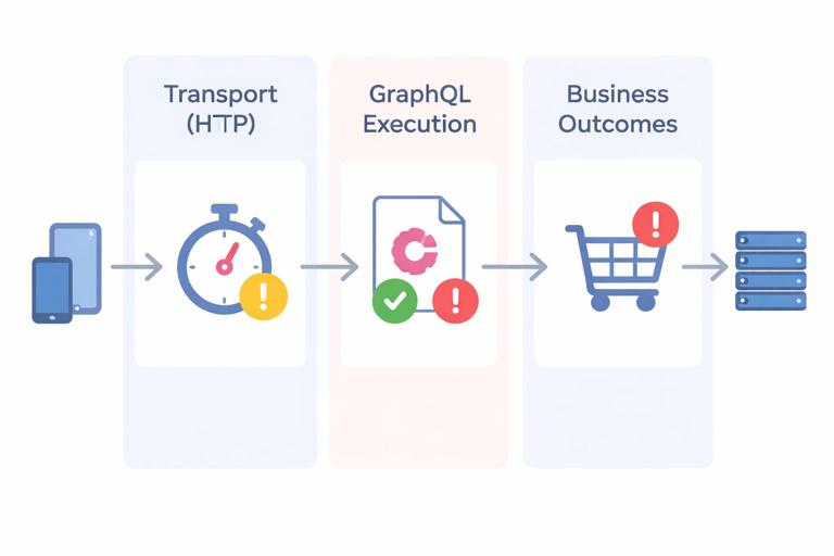 Three-column diagram showing failure buckets: Transport (HTTP), GraphQL Execution (errors array), Business Outcomes (typed results), with arrows from client to server and examples as icons (timeout clock, schema checkmark/alert, shopping cart conflict); minimal flat vector style, no text.