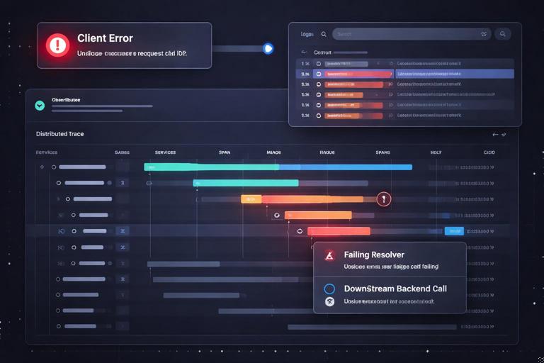 Observability scene: a client error toast showing a requestId, an arrow to centralized logs and a distributed trace timeline highlighting the failing resolver and downstream call; modern dashboard UI aesthetic, no readable text.