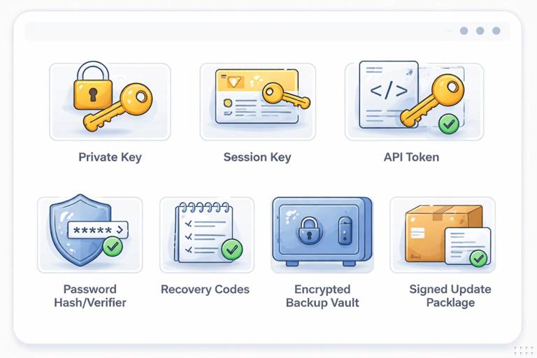 Illustration of a software system security inventory: icons for a private key, session key, API token, password hash/verifier, recovery codes, encrypted backup vault, and a signed software update package, arranged on a clean diagram board; professional flat vector style, muted colors, high clarity.