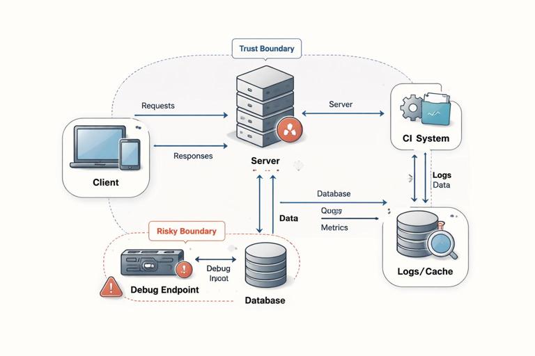 System architecture diagram showing data flows and trust boundaries: client, server, database, CI system, logs/cache, and a highlighted risky boundary like a debug endpoint; clean technical infographic style, labeled arrows, subtle threat highlights, no brand names.