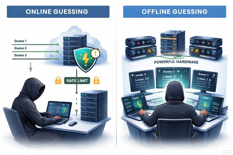 Split-scene illustration comparing online vs offline guessing: left side shows an attacker sending guesses to a server with rate-limit barrier icons; right side shows attacker with local hardware rigs testing guesses rapidly; clear infographic, minimal text labels, professional security theme.