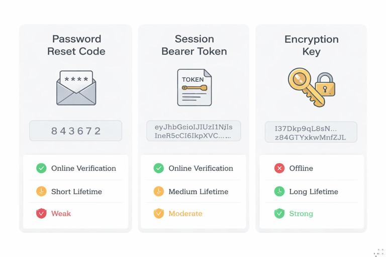 Three-panel infographic showing password reset code, session bearer token, and encryption key, with indicators for online verification, token lifetime, and offline brute-force resistance; clean minimalist design, security iconography, neutral colors.