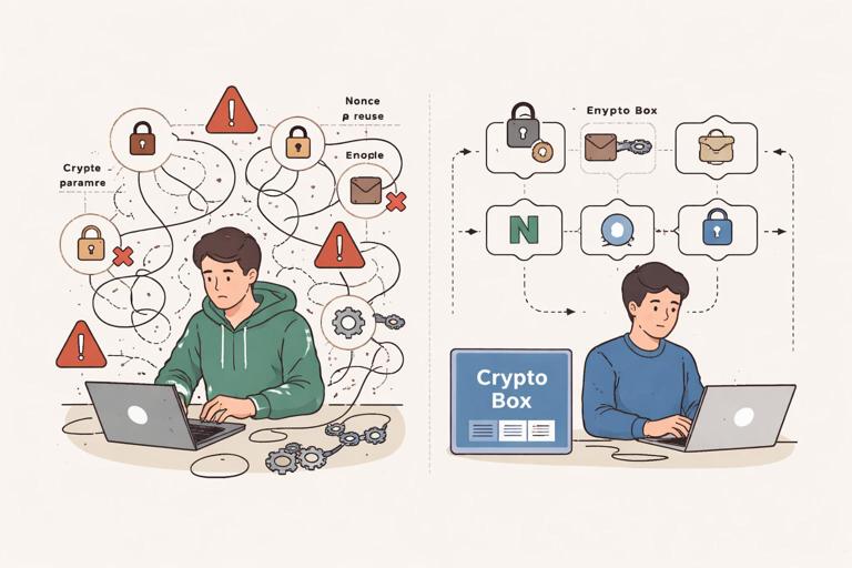 Illustration for a software engineering article: a developer integrating cryptography incorrectly with tangled wires and warning icons (wrong parameters, encodings, nonce reuse), contrasted with a clean modular library-based approach using a secure crypto box module; flat vector style, professional, muted colors, no text.