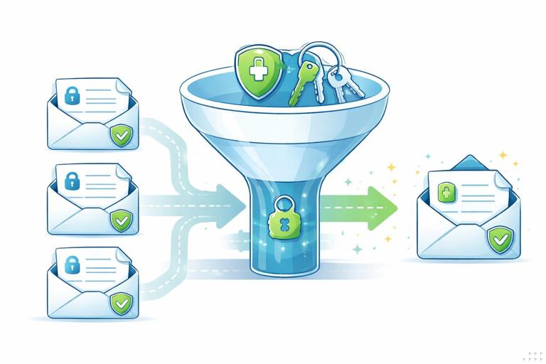 Illustration of data migration for encrypted records: a pipeline showing old versioned envelopes being decrypted and re-encrypted into a latest-version envelope with a keyring/current key; clean infographics style, minimal icons, no text labels.