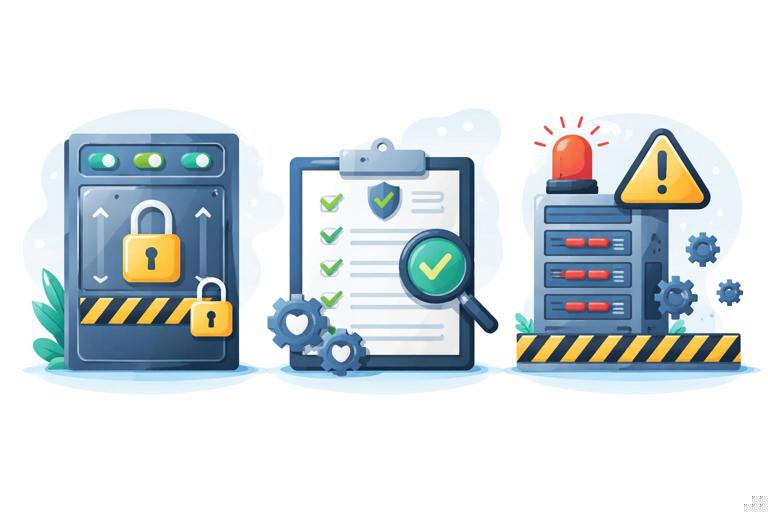 Illustration of secure configuration guardrails: a locked control panel with a few allowed toggles, a startup validation checklist, and a warning sign about legacy/debug settings drifting into production; modern flat design, no text.