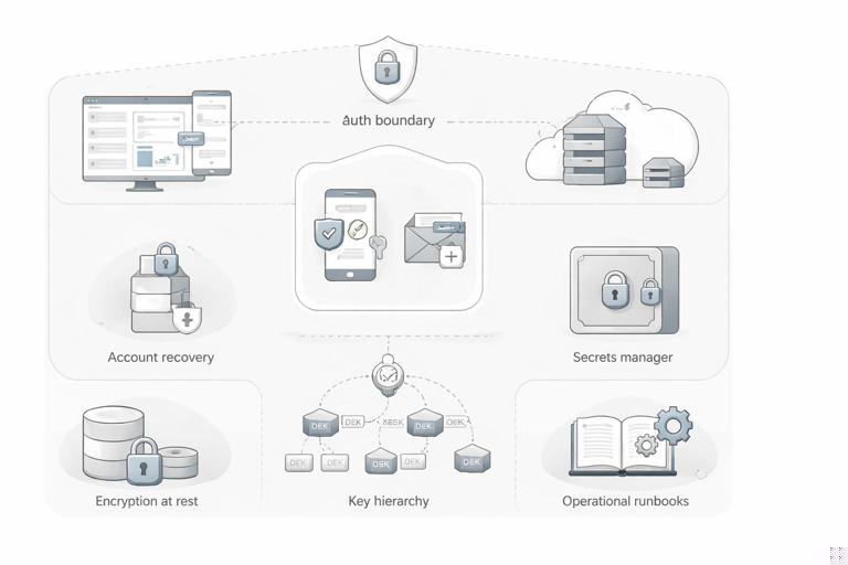 A clean, modern infographic-style illustration of a small SaaS security architecture: web app, API, auth boundary, MFA, account recovery, secrets manager, encryption at rest, key hierarchy (KMS root key and DEKs), audit logs, and operational runbooks. Minimalist style, neutral colors, no text labels, high clarity, 16:9.