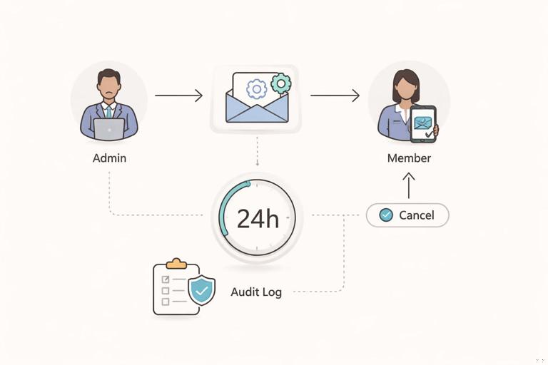 Illustration of a secure B2B account recovery flow: admin initiates reset, member confirms via email, 24-hour delay with cancel option, and audit log trail. Clean UI/flowchart style, minimal, no text labels, muted colors, 16:9.