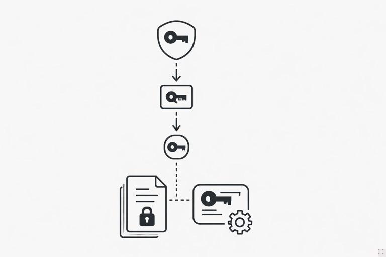 Diagram-style illustration of envelope encryption and key hierarchy: KMS root key, tenant KEK, per-object DEK, ciphertext stored with wrapped DEK and metadata. Clean technical schematic, minimal, no text labels, dark-on-light, 16:9.