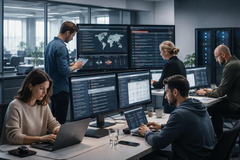 Incident response scene for a SaaS security team: engineers reviewing dashboards and audit logs, disabling an endpoint, deploying a hotfix, and preparing customer notifications. Modern office, calm serious tone, minimal, no text, 16:9.