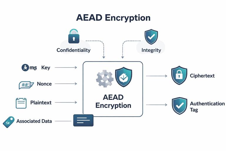 Illustration for a cybersecurity article: a clean, modern diagram showing AEAD encryption flow with labeled inputs (key, nonce, plaintext, associated data) producing outputs (ciphertext, authentication tag). Include subtle icons for a lock (confidentiality) and a shield (integrity). Flat vector style, dark-on-light, professional technical infographic.
