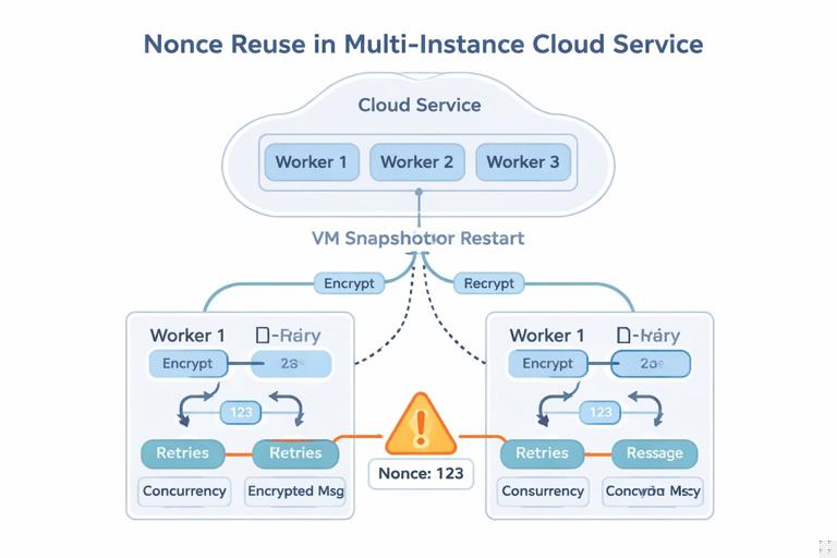 Technical illustration: a multi-instance cloud service with several worker processes encrypting messages, showing how nonce reuse can happen after a VM snapshot or restart. Include arrows for retries and concurrency, with a warning symbol on duplicated nonce values. Clean vector infographic style.