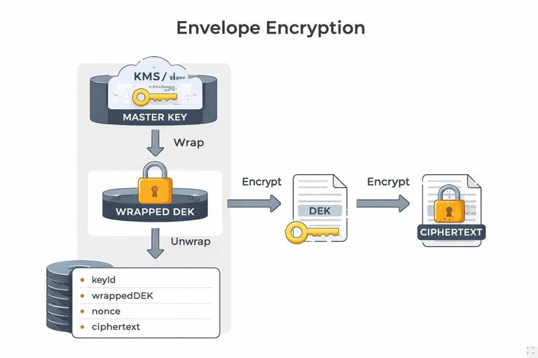Infographic diagram of envelope encryption: a master key in a KMS/HSM wrapping a DEK, and the DEK encrypting data into ciphertext. Show stored fields: keyId, wrappedDEK, nonce, ciphertext. Clean professional vector style, labeled arrows, neutral colors.