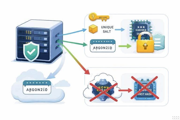 Illustration of secure password storage: a server generating a unique salt per user and computing a slow memory-hard hash (Argon2id), contrasted with a crossed-out plain password and a crossed-out fast hash; clean flat infographic style, cybersecurity theme, no text.