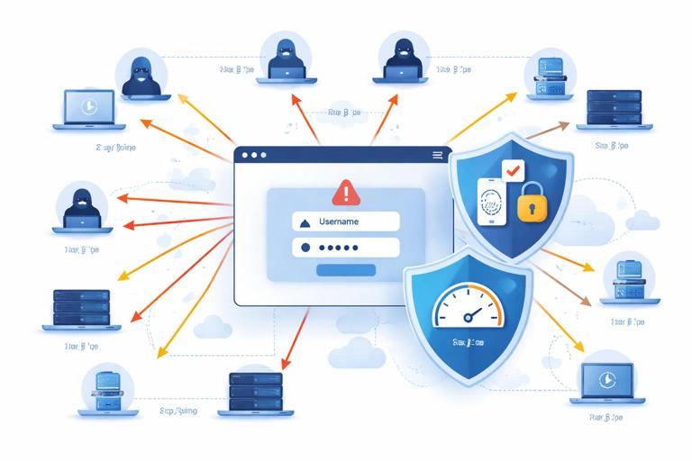 Illustration of credential abuse: a web login screen under attack from many distributed IP nodes (botnet/proxies) with arrows showing credential stuffing and spraying; defensive shields representing rate limits and MFA; modern flat vector style, no text.