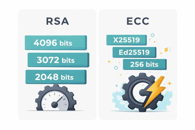 Illustration comparing RSA and ECC: two side-by-side panels showing RSA with large key size blocks and slower gear icon, and ECC with small key size blocks and fast lightning/gear icon; include labels X25519 and Ed25519; clean modern flat design on a light background, no text-heavy elements.
