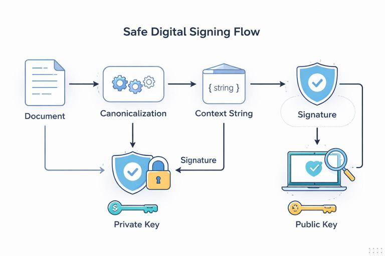 Diagram of safe digital signing flow: document goes through canonicalization box, then context string box, then signature creation with a private key; verifier uses public key to validate; clean technical infographic style, minimal labels, light background.