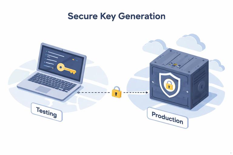 Illustration of secure key generation: a developer laptop labeled testing, and a secure facility/cloud KMS/HSM box labeled production, with private key staying inside the secure box; simple isometric or flat cybersecurity style, muted colors, no dense text.