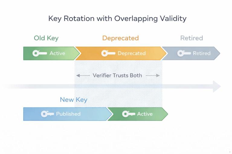 Timeline-style diagram of key rotation with overlapping validity: old key active then deprecated then retired; new key published then active; include verifier trusting both during overlap; clean minimalist infographic, clear arrows, light background.