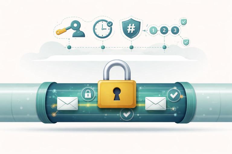Illustration of a secure pipeline: a padlocked transport tunnel (TLS) carrying messages, while an application layer above it applies checks like idempotency, replay protection, ordering, and user-intent binding; clean modern infographic style, muted tech colors, clear labeled icons (key, clock, hash, sequence arrows), no text blocks