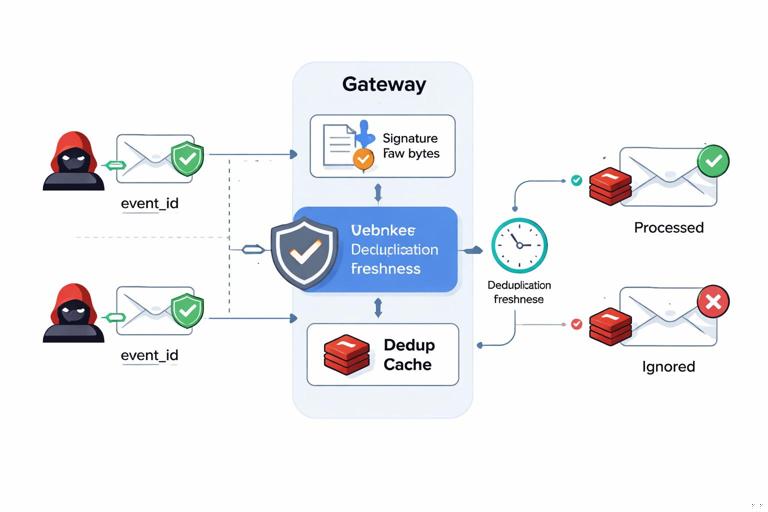 Diagram showing webhook replay defense: incoming signed webhooks with event_id and timestamp enter a gateway that verifies signature on raw bytes, checks freshness window with a clock icon, then consults a dedup cache (Redis) before processing; show two identical messages with one accepted and one ignored; clean vector style, high contrast, no long text