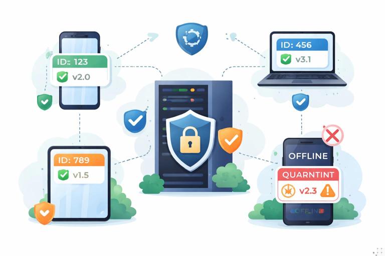 Scene of multiple devices (phone, laptop, tablet) syncing with a server while one device is offline; server enforces per-device IDs, version checks, and device revocation; include icons for version numbers, lock, and a quarantined update; modern flat vector, security-themed palette, no long text