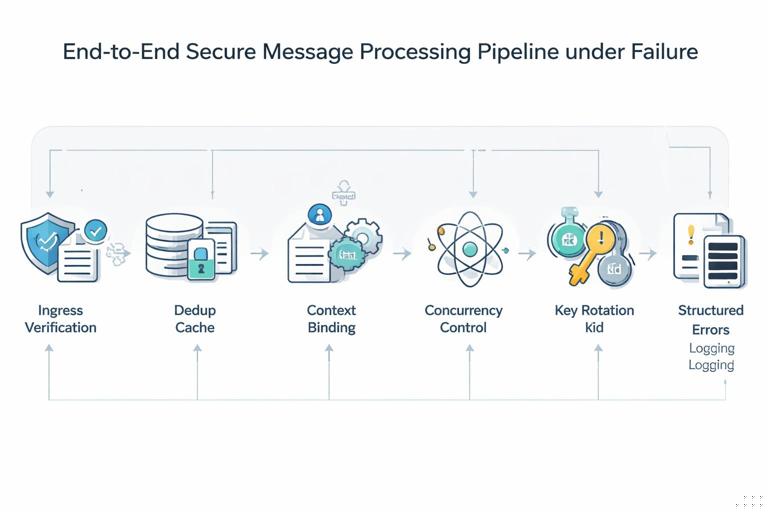 End-to-end secure message processing pipeline under failure: ingress verification (signature, timestamp), dedup cache, context binding, concurrency control (If-Match/version), idempotent side effects, key rotation with kid, structured errors and redacted logging; show as a left-to-right flow diagram with icons and arrows, modern clean vector, no long text