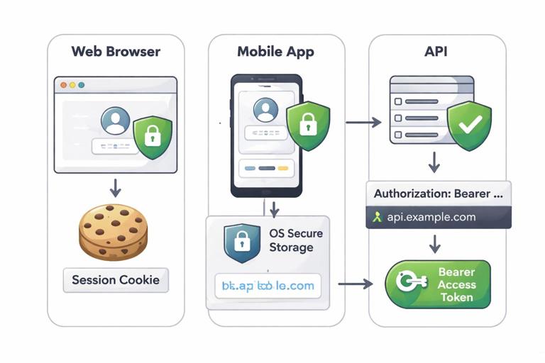 Illustration of authentication methods in a real system: a web browser using cookies for a session, a mobile app using OS secure storage and sending an Authorization header, and an API receiving bearer access tokens; clean flat vector style, clear labels, modern UI security theme, neutral colors.