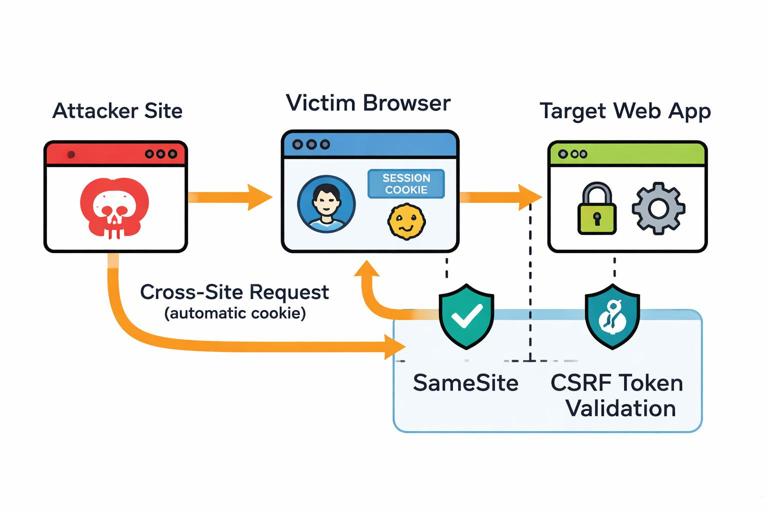 Diagram showing a CSRF attack flow and defenses: attacker site, victim browser with session cookie, target web app; arrows for cross-site request automatically including cookies, and blocks labeled SameSite and CSRF token validation; clean technical infographic style, simple icons, high contrast.