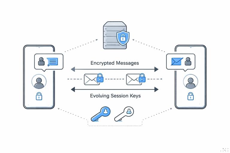 Diagrammatic illustration of end-to-end encrypted 1:1 messaging: two user devices with a secure session between them, server in the middle relaying only ciphertext, labeled arrows showing encrypted messages and evolving session keys; clean flat vector style, dark-on-light, no brand logos, no readable text blocks.