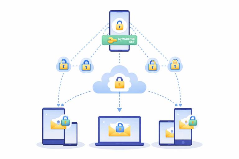 Illustration of group end-to-end encryption using sender keys: one sender device shares a symmetric sender key to multiple group member devices via pairwise encrypted channels, then sends one ciphertext to all; server shown relaying ciphertext; clean flat infographic style, simple icons, no logos, no readable text.