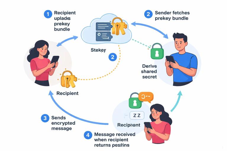 Sequence-style infographic of asynchronous E2EE with prekeys: recipient publishes prekey bundle to server, sender fetches bundle, derives shared secret, sends first encrypted message while recipient is offline; show numbered steps with simple icons and arrows, flat vector, no logos, no readable text paragraphs.