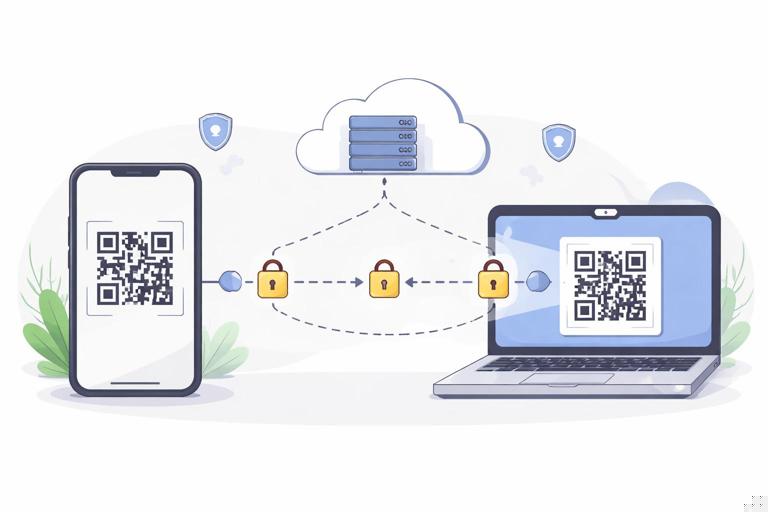 Illustration of secure device linking for an E2EE app: existing phone displays a QR code, new laptop scans it, an encrypted channel forms via a relay server, keys transfer shown as locked packets; clean modern flat vector, neutral colors, no logos, no readable text.