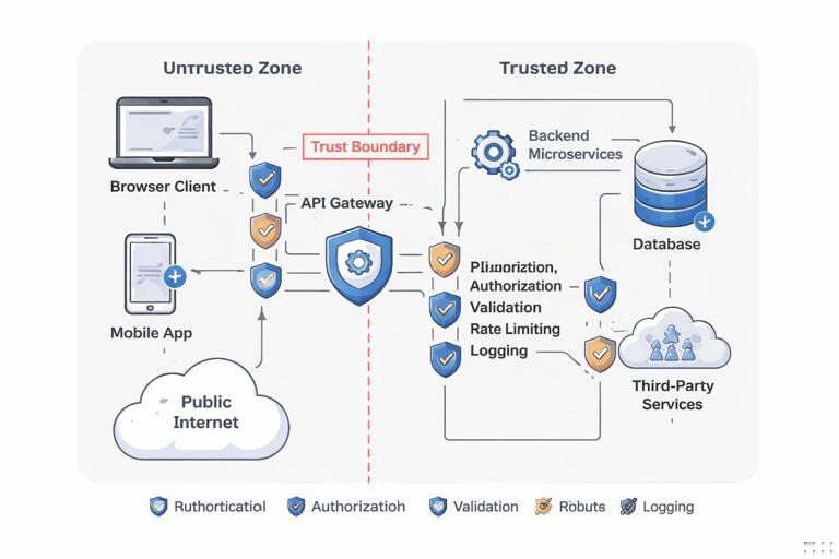 Diagrammatic illustration of a system trust boundary and data flow map: browser client, mobile app, public internet, API gateway, backend microservices, database, third-party services; highlight boundary crossings with security controls (authentication, authorization, validation, rate limiting, logging). Clean flat vector style, readable labels, neutral colors, professional security architecture infographic.