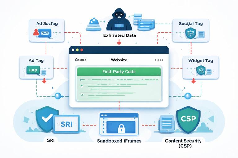 Illustration of a web page origin with third-party scripts: browser window, first-party code, multiple third-party tags, showing risk paths like data exfiltration; include concepts like SRI, sandboxed iframes, CSP shields. Modern flat infographic style, clean labels, cybersecurity theme.