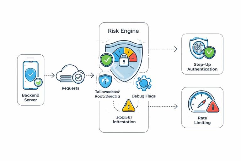 Conceptual diagram of mobile app integrity and risk scoring: smartphone client sending requests to backend; signals like device attestation, jailbreak/root detection, debug flags feed into a risk engine; outputs step-up authentication and rate limiting. Clean vector cybersecurity infographic style, minimal text labels.