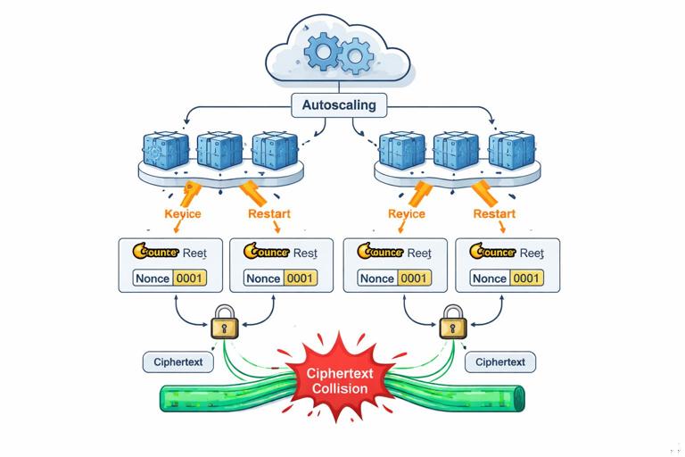 Illustration of a modern cloud deployment where multiple service instances restart and accidentally reuse the same encryption nonce: containers, autoscaling, a counter reset, and two ciphertext streams colliding; clean technical style, labeled elements (nonce, key, ciphertext), no real company logos.