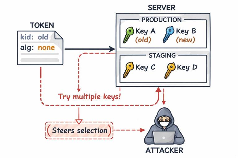 Diagram of a token verification flow showing key confusion: a token with kid and alg fields, a server with multiple keys (old/new, staging/prod), a dangerous fallback path that tries multiple keys, and an attacker steering selection; clear security diagram style, no logos.